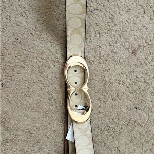 Coach Beige Signature Canvas Belt with Gold Double‑C Buckle